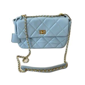 LTL London Crossbody Quilted Light Blue Bag Chain Handle Flap Closure